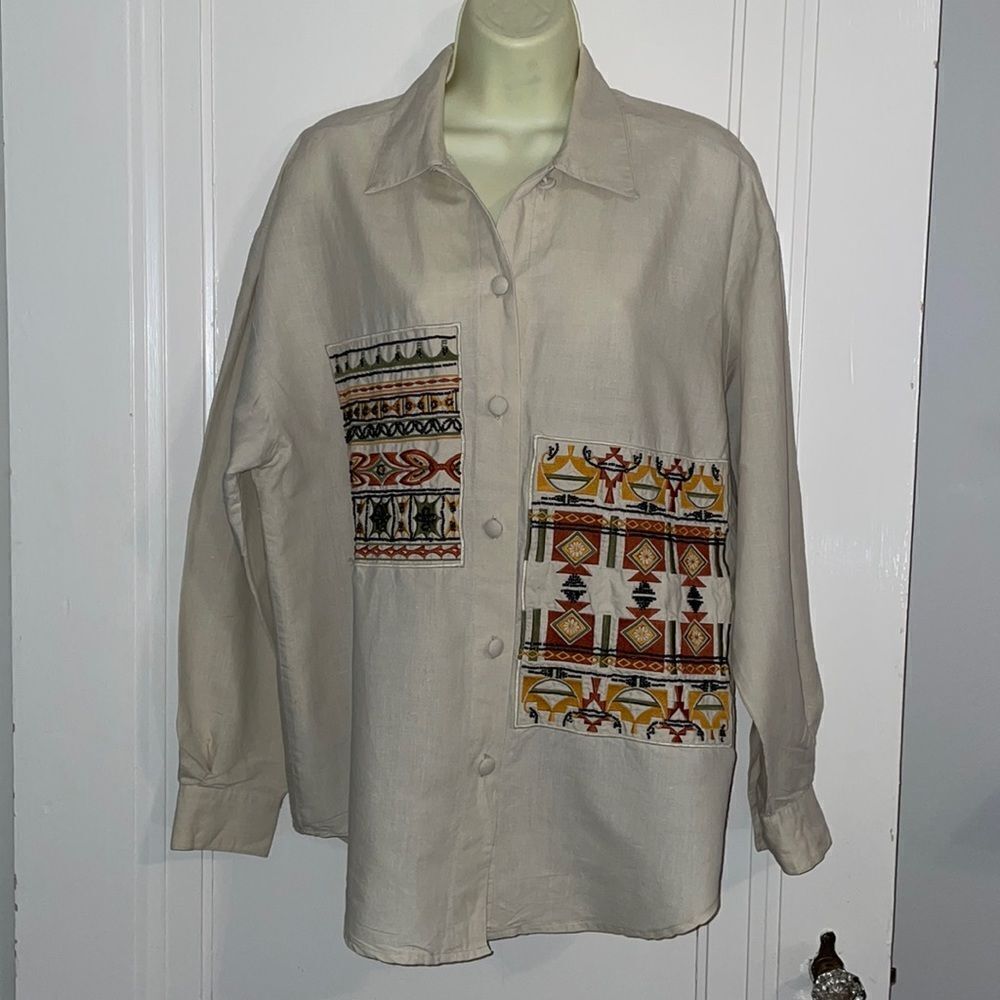 Vtg 90s Ascente Sport tan oversized shirt/tribal‎ embroidered/beaded blocks